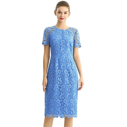 JJparty-D190 Women floral Macramé lace short sleeves straight-cut day and party midi dress