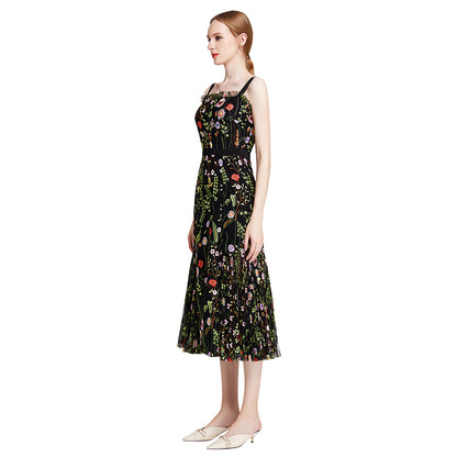 JJparty-D001 Women all-over floral embroidered tulle bare shoulder grosgrain strap midi party dress