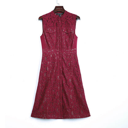 JJparty-2J98 Women solid lace band collar sleeveless bodycon midi dress