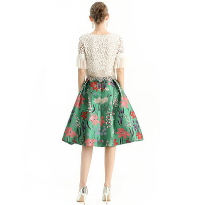 JJparty-S137-3 Women floral heavy jacquard inverted pleat A-line midi skirt