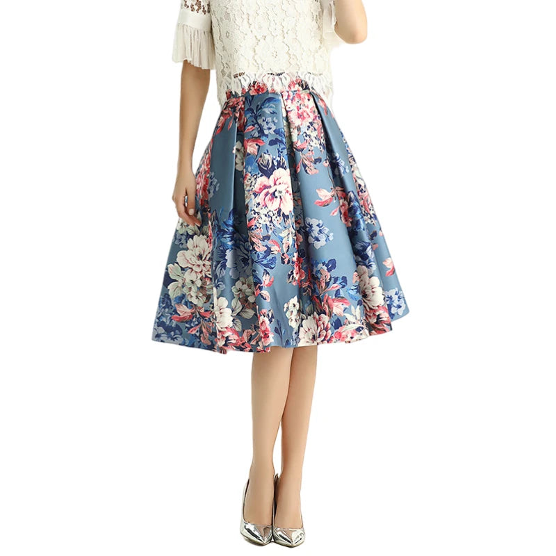 JJparty-S137 Women floral print inverted pleat A-line midi skirt