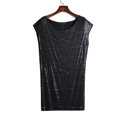 JJparty-I720 Women Fully sequined jersey round neck sleeveless mini party dress