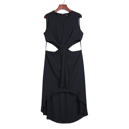 JJparty-2A56 Women solid round neck front draped design cut-out waist asymmetric hem day dress
