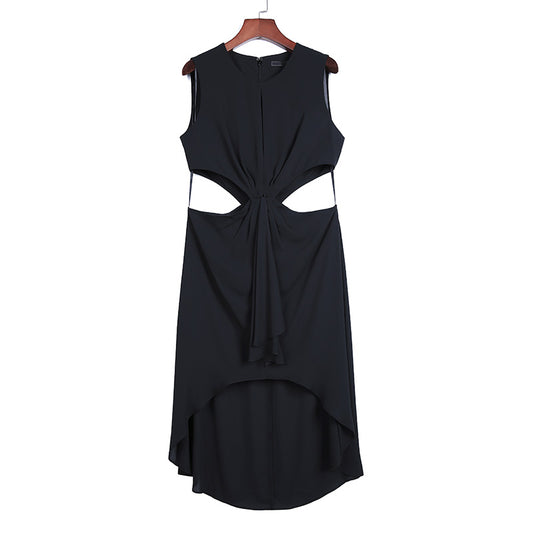 JJparty-2A56 Women solid round neck front draped design cut-out waist asymmetric hem day dress