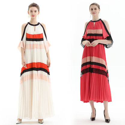JJparty-D074 Women color block cut out shoulder three-quarter sleeves pleated maxi evening dress