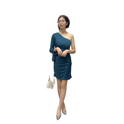 JJparty-D406 Women solid one-shoulder long sleeve ruched stretch-jersey bodycon mini dress