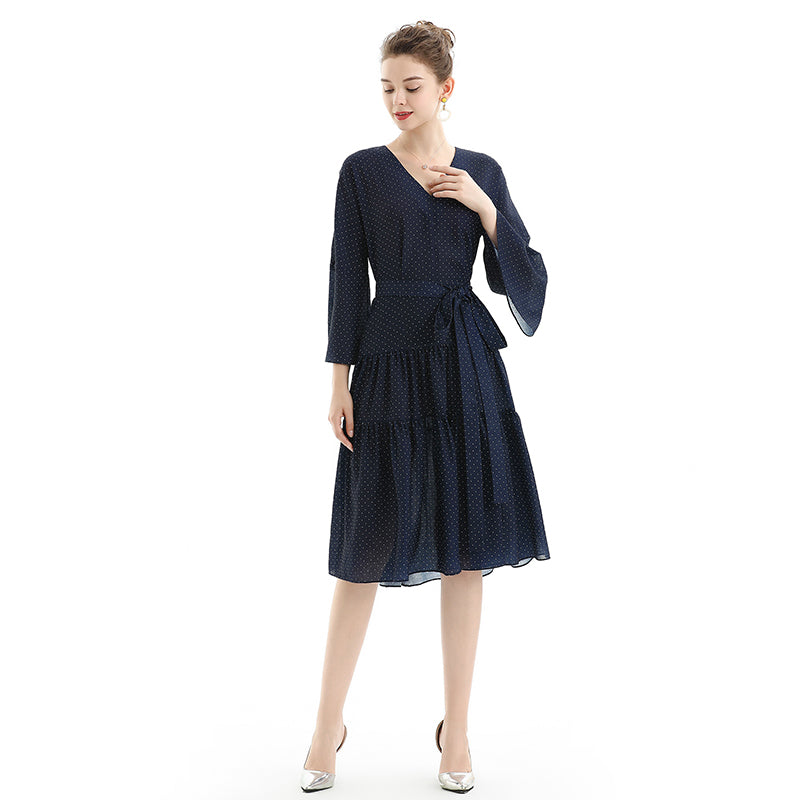 JJparty-D057-1 Women polka dot print three-quarter sleeves tiered design midi dress