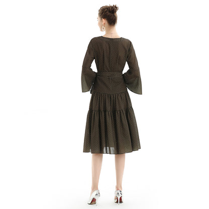 JJparty-D057-1 Women polka dot print three-quarter sleeves tiered design midi dress