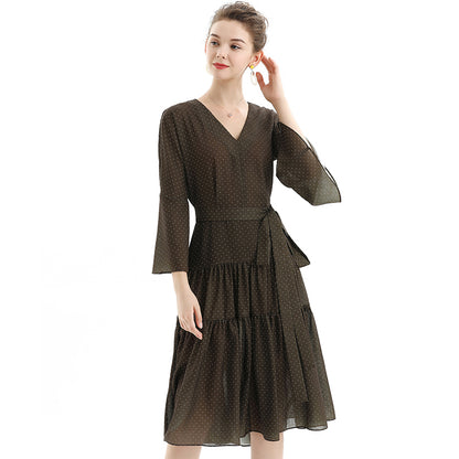JJparty-D057-1 Women polka dot print three-quarter sleeves tiered design midi dress