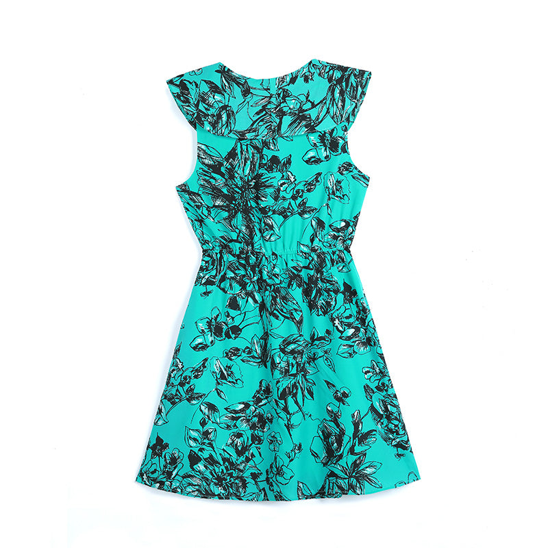 JJparty-I163 Women floral print ruffle collar sleeveless A-line dress