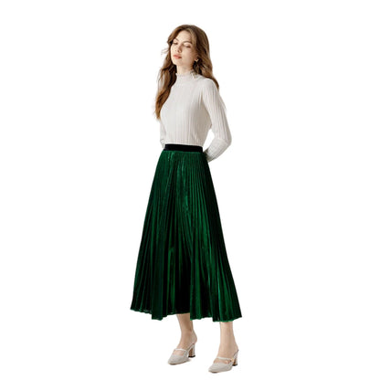 JJparty-A121 Women metallic knit full circle sunburst pleated midi party skirt