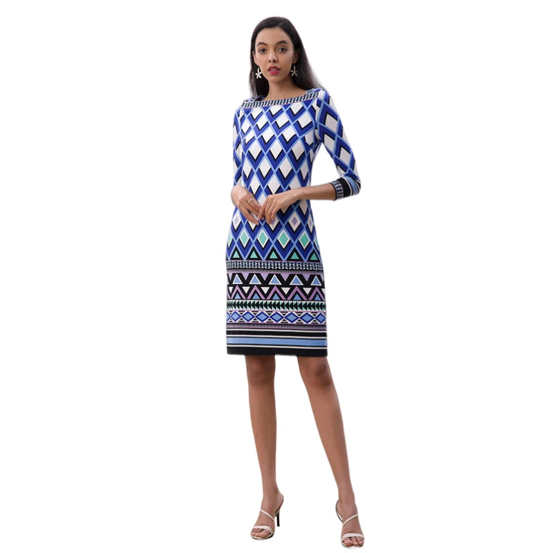 JJparty-D090 Women geometric print boat neck three quarter sleeves mini day dress