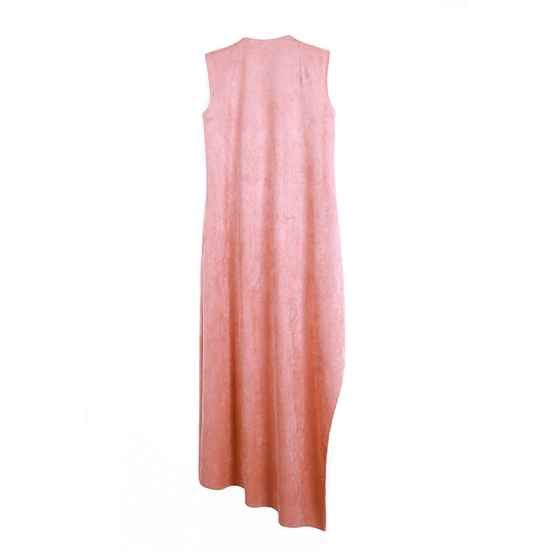 JJparty-9K51 Women faux suede V-neck front drape design high-low asymmetrical hem day dress
