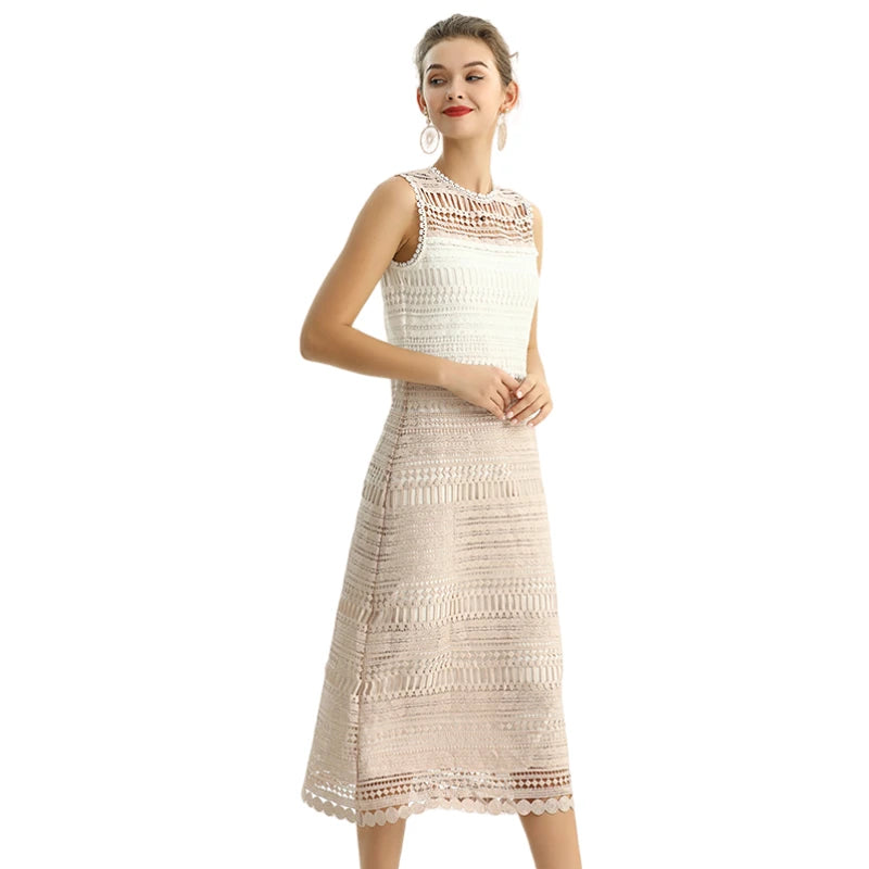 JJparty-D115 Women macramé lace-panelled sleeveless day and party midi dress