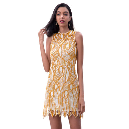 JJparty-D097-1 Women fashion eyelash lace sleeveless fitted day and party mini dress