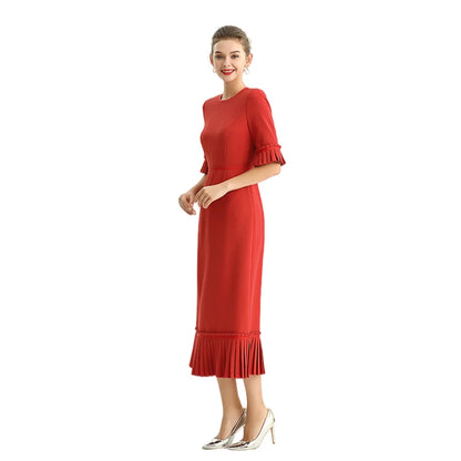 JJparty-D095-1 Women polyester crepe short sleeves ruffle detailed straight-cut midi dress