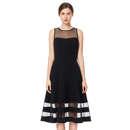 JJparty-D031 Women solid sleeveless swiss dot tulle-panel flared midi party dress