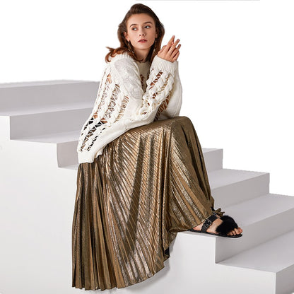 JJparty-C080 Women metallic knit elasticated waist full circle sunburst pleated evening midi skirt