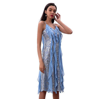 JJparty-D227 Women sequinned lace spaghetti straps ruffled detail midi party dress