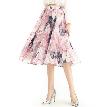 JJparty-S076-2 Women floral print chiffon pleated casual midi skirt