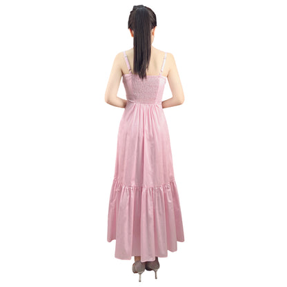 JJparty-D296 Women cotton strappy smocked back tiered ruffle flared midi dress
