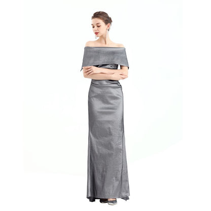 JJparty-D111 Women solid off shoulder draped detailing fitted mermaid maxi evening dress