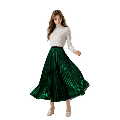 JJparty-A121 Women metallic knit full circle sunburst pleated midi party skirt