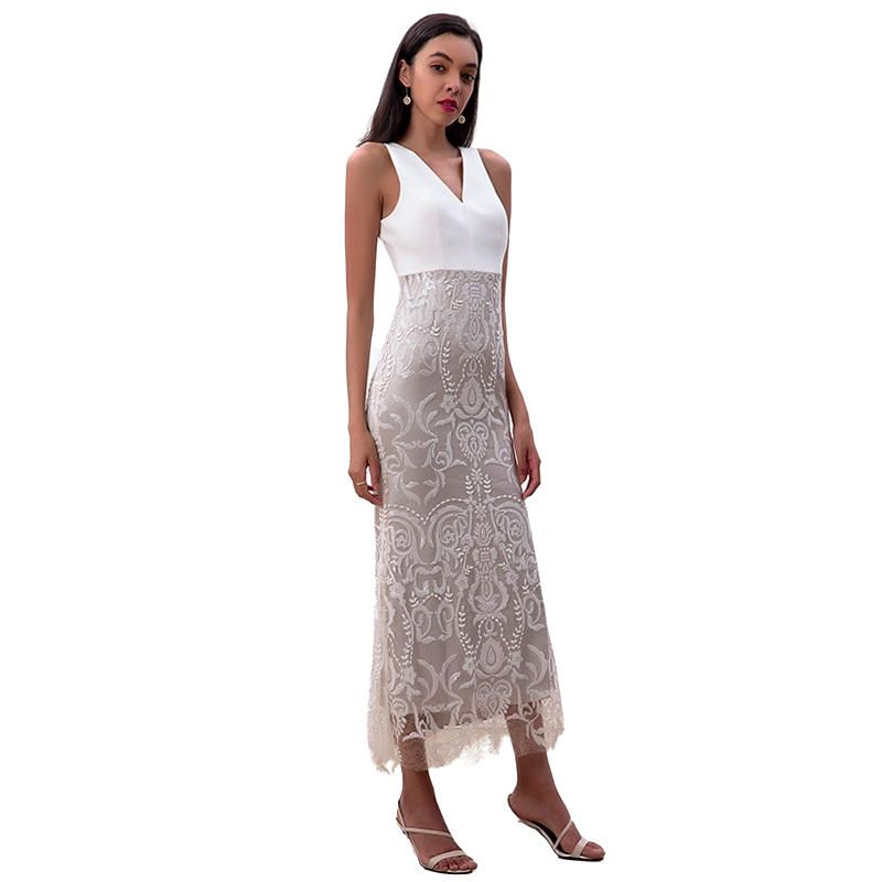JJparty-D187 Women sequin embellished V-neck fluted midi evening dress