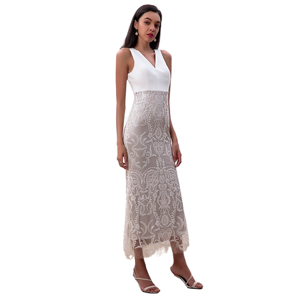 JJparty-D187 Women sequin embellished V-neck fluted midi evening dress