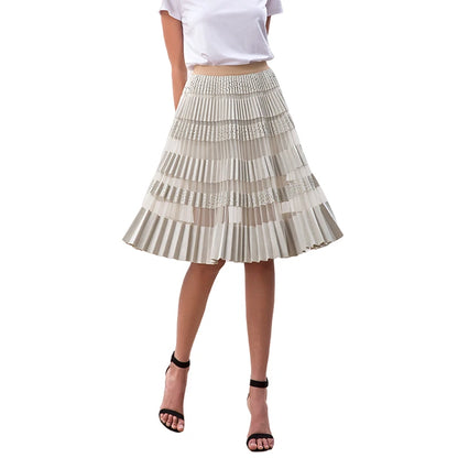 JJparty-S254 Women faux suede perforated panel mesh combo sunburst pleated midi skirt