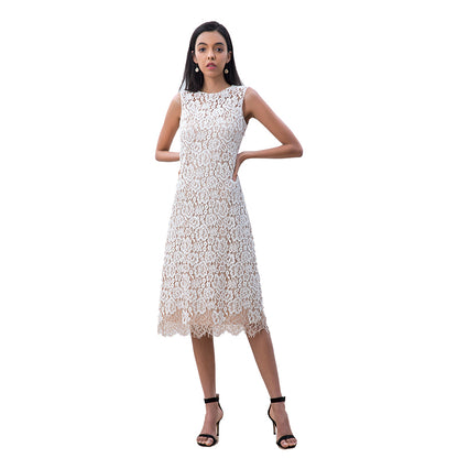 JJparty-D098-2 Women two-tone eyelash lace sleeveless straight-cut party midi dress