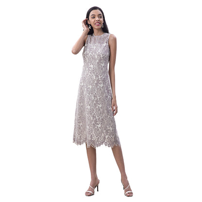 JJparty-D098-3 Women Two-tone floral eyelash lace sleeveless straight-cut day and party midi dress