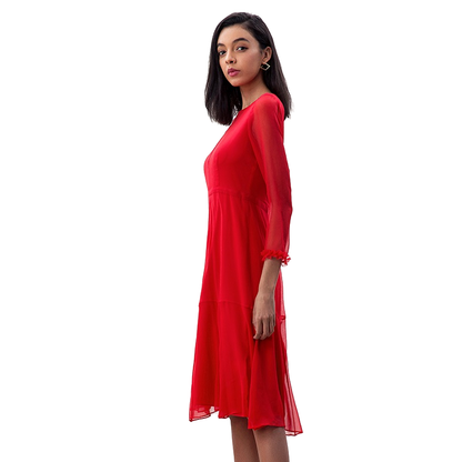 JJparty-D270 Women silk crinkle chiffon three-quarter sleeves flared midi party dress