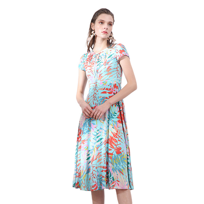 JJparty-H628-1 Women polyester print round neck cap sleeves flared midi dress