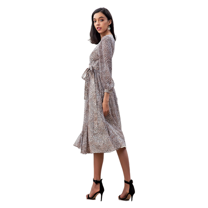 JJparty-D265 Women leopard print chiffon long puff sleeves wrap design pleated midi dress