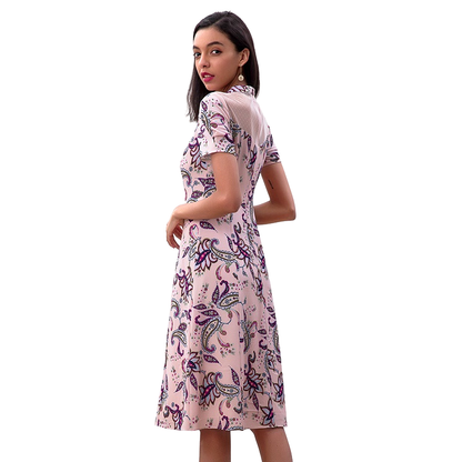 JJparty-D222 Women paisley print rolled collar A-line day dress