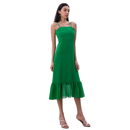 JJparty-D261-1 Women solid chiffon strappy tiered ruffle flared midi party dress