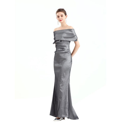 JJparty-D111 Women solid off shoulder draped detailing fitted mermaid maxi evening dress