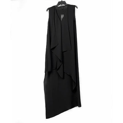 JJparty-8A59 Women solid V-neck front drape high-low design asymmetric hem day dress