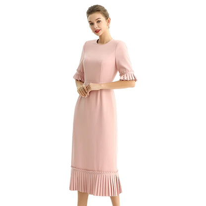 JJparty-D095-1 Women polyester crepe short sleeves ruffle detailed straight-cut midi dress