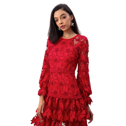 JJparty-D271 Women cut out embroidery long puff sleeves ruffle-tiered evening mini dress