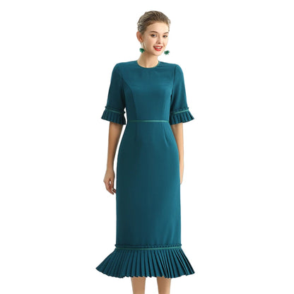 JJparty-D095-1 Women polyester crepe short sleeves ruffle detailed straight-cut midi dress