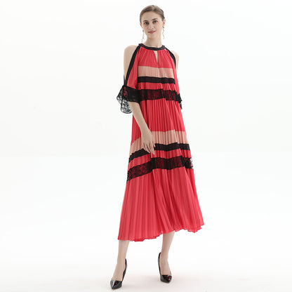 JJparty-D074 Women color block cut out shoulder three-quarter sleeves pleated maxi evening dress