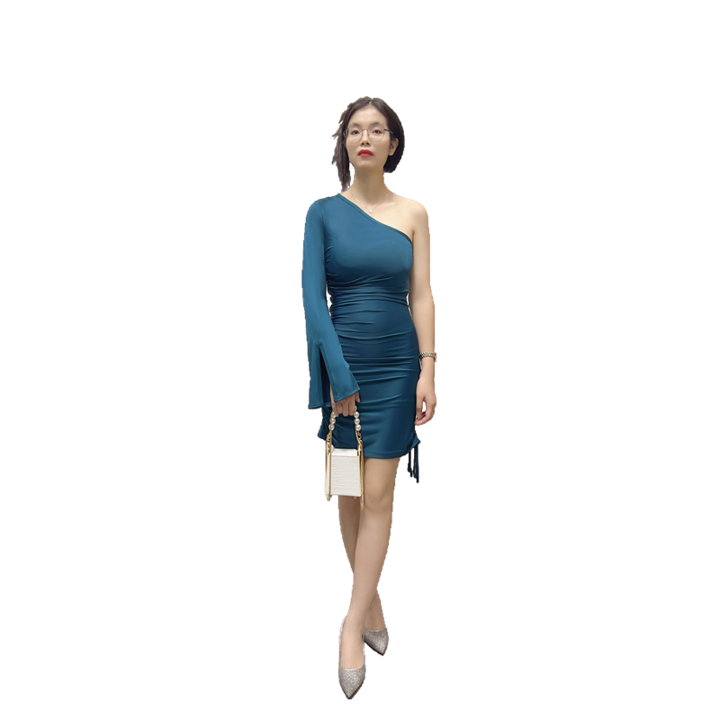 JJparty-D406 Women solid one-shoulder long sleeve ruched stretch-jersey bodycon mini dress