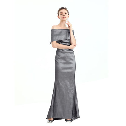 JJparty-D111 Women solid off shoulder draped detailing fitted mermaid maxi evening dress