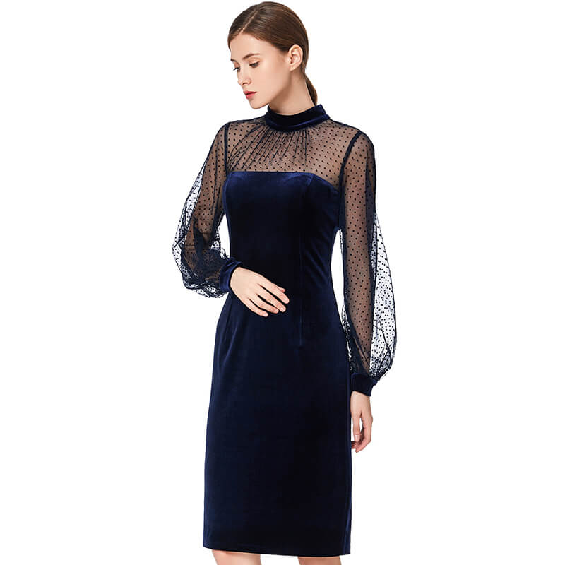 JJparty-D030 Women velvet knit mock neck long puff sleeves fitted midi party dress