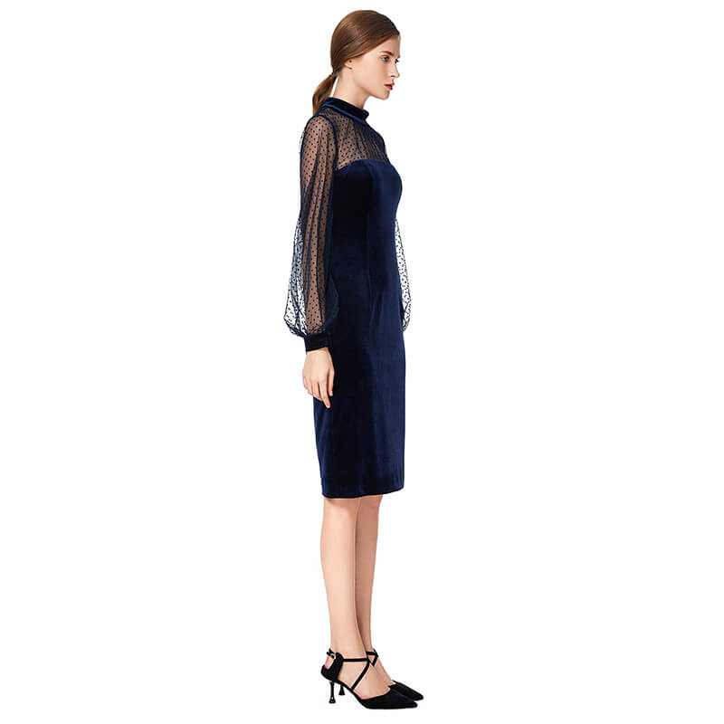 JJparty-D030 Women velvet knit mock neck long puff sleeves fitted midi party dress