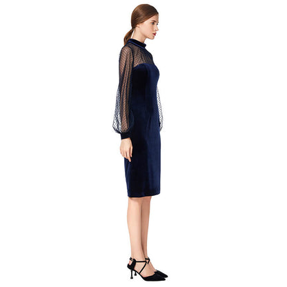 JJparty-D030 Women velvet knit mock neck long puff sleeves fitted midi party dress