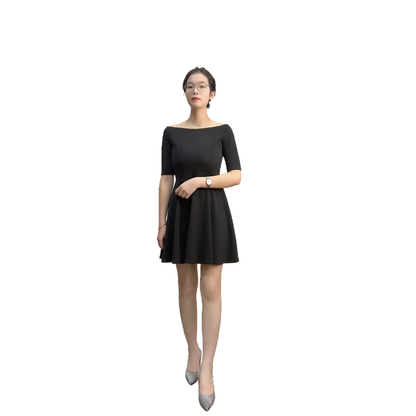 JJparty-D413 Women solid short sleeve boat neck flared mini dress