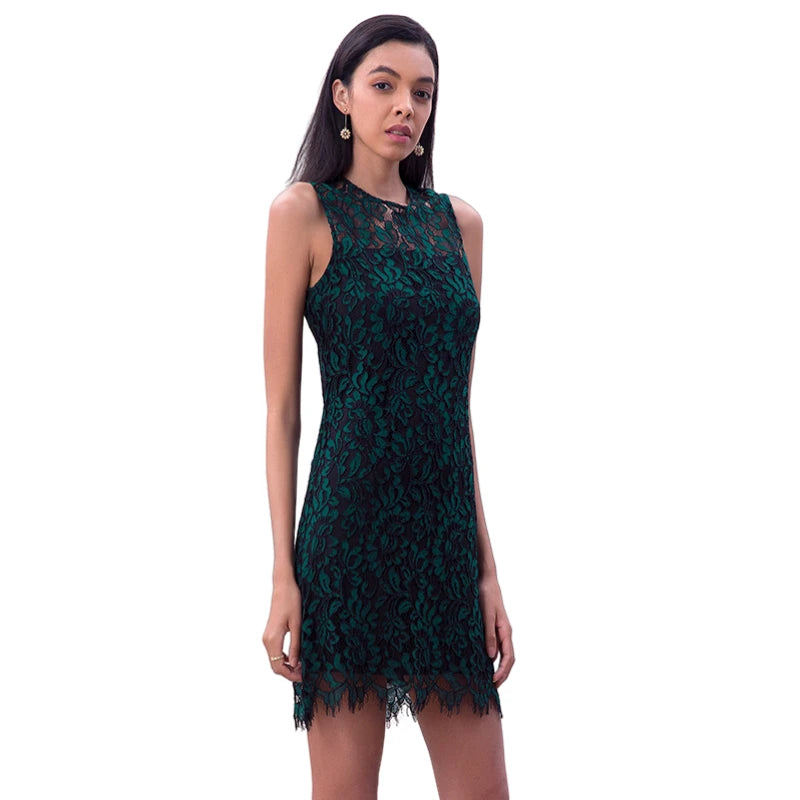 JJparty-D097-4 Women floral leaf eyelash lace sleeveless fitted day and party mini dress